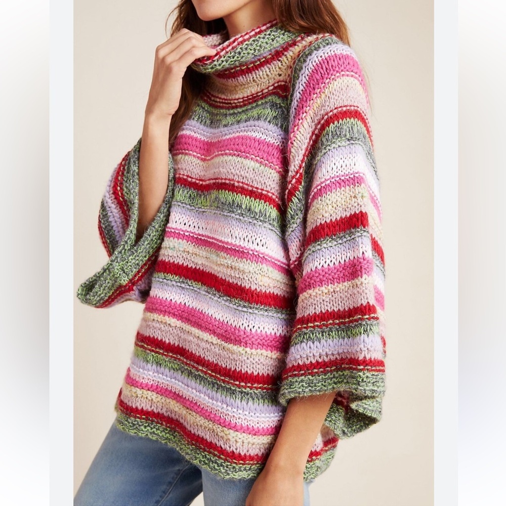 Anthropologie Striped Knit Poncho in Pink and Green - Picture 3 of 7